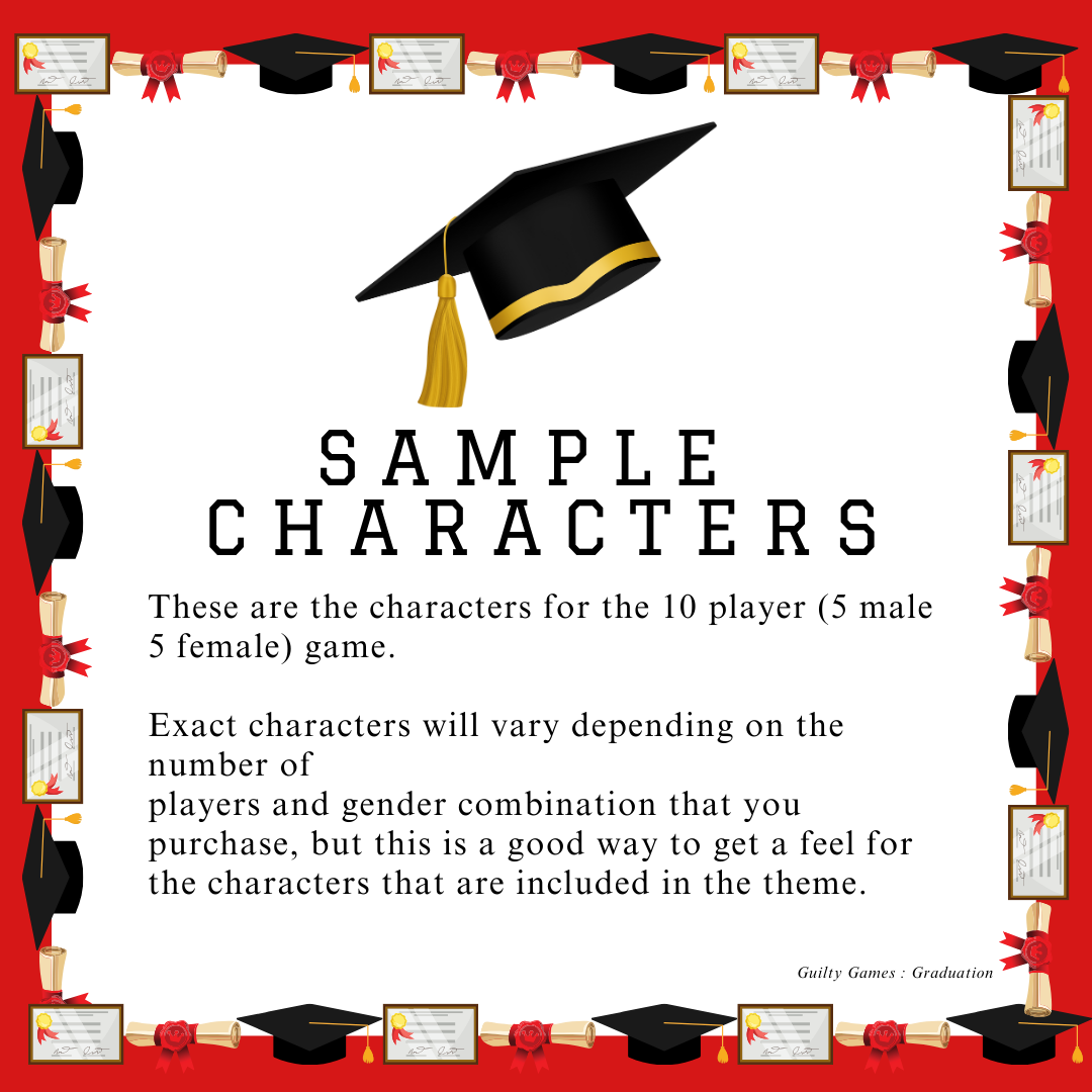 a grad cap with gold tassel, grad cap and diploma border with red background and "sample characters" text