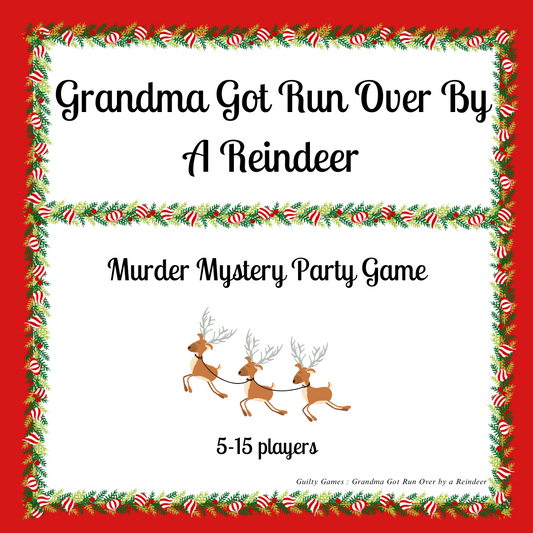 Reindeer clipart surrounded by the grandma got run over by a reindeer murder mystery product title and a red background with a border of peppermints and greenery.