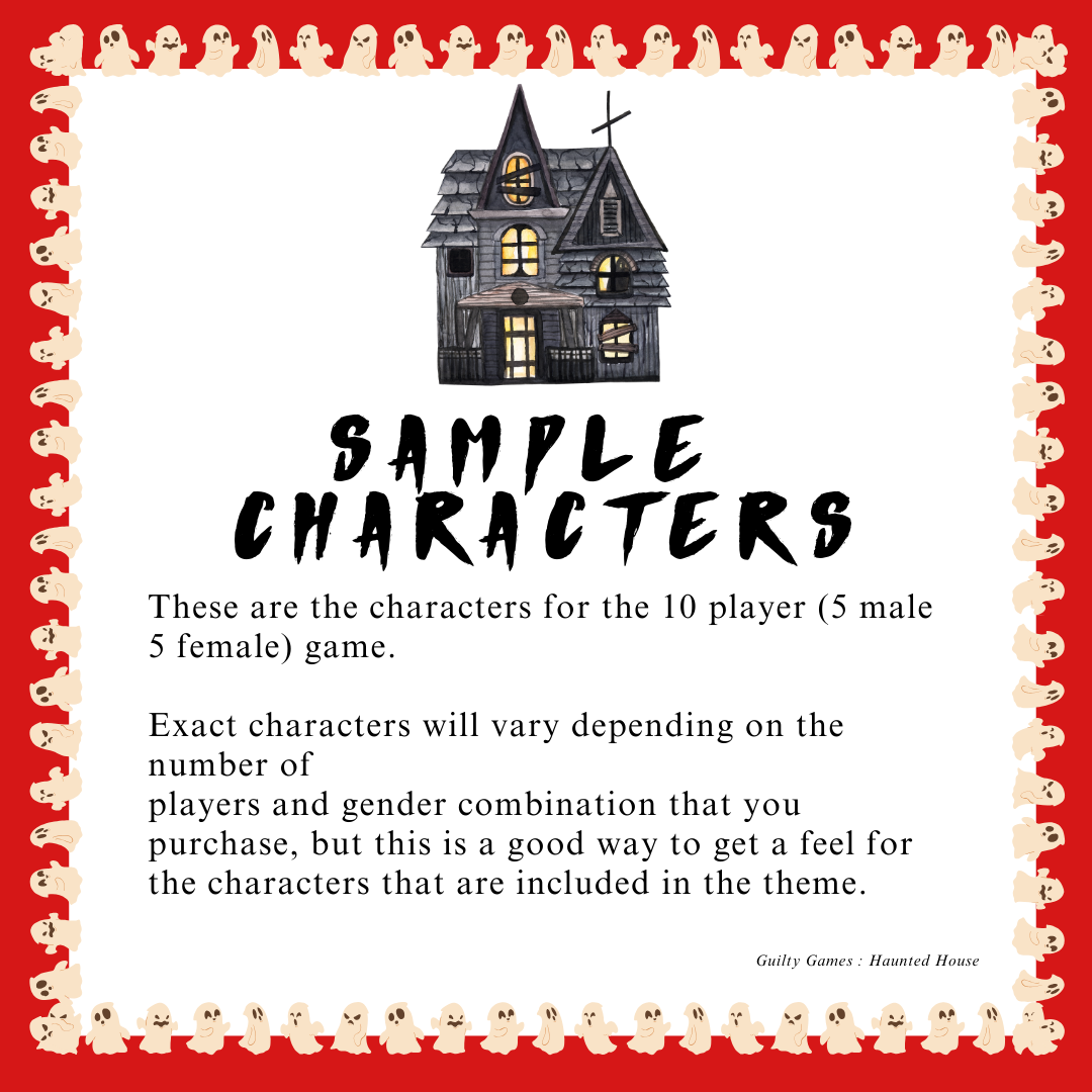 a spooky haunted house on top of text reading "sample characters" with a ghost border and red background