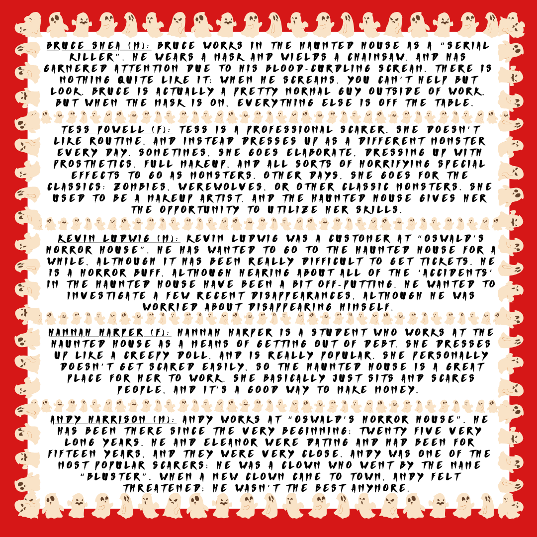 a ghost border and red background with text giving sample character descriptions for haunted house murder mystery
