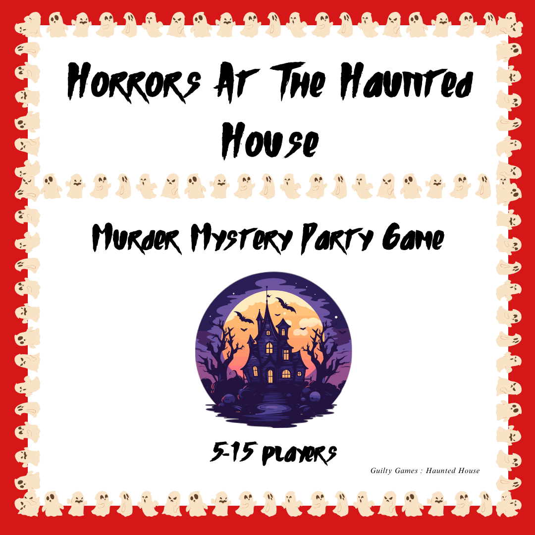 A haunted house surrounded by small ghosts and the product information for Guilty Games' Horror at the Haunted House murder mystery game