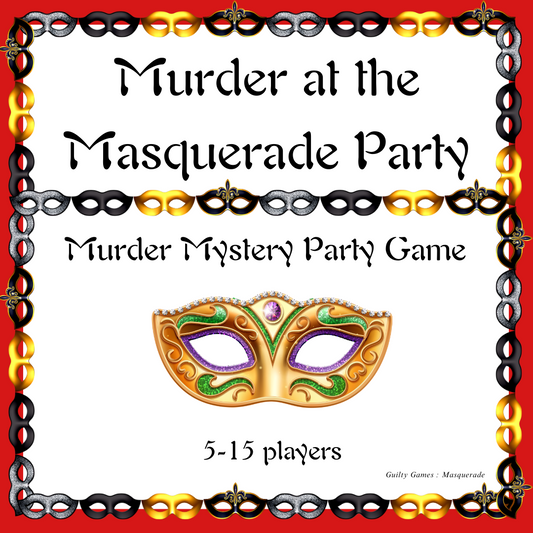 A bejeweled masquerade mask with a mask border. Text reads: "Murder at the Masquerade Party. Murder Mystery Party Game. 5-15 Players." Perfect for people who want to dress up fancy with their friends for a birthday party, fundraiser, or hang-out!