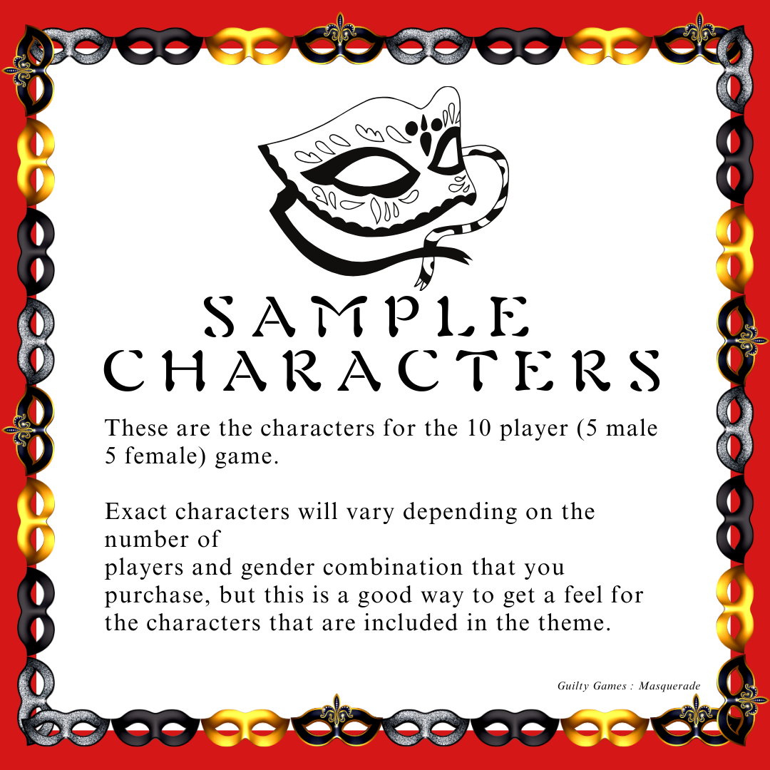 a black and white masquerade mask with "sample characters" text with a gold, black, and silver masquerade mask border and red background