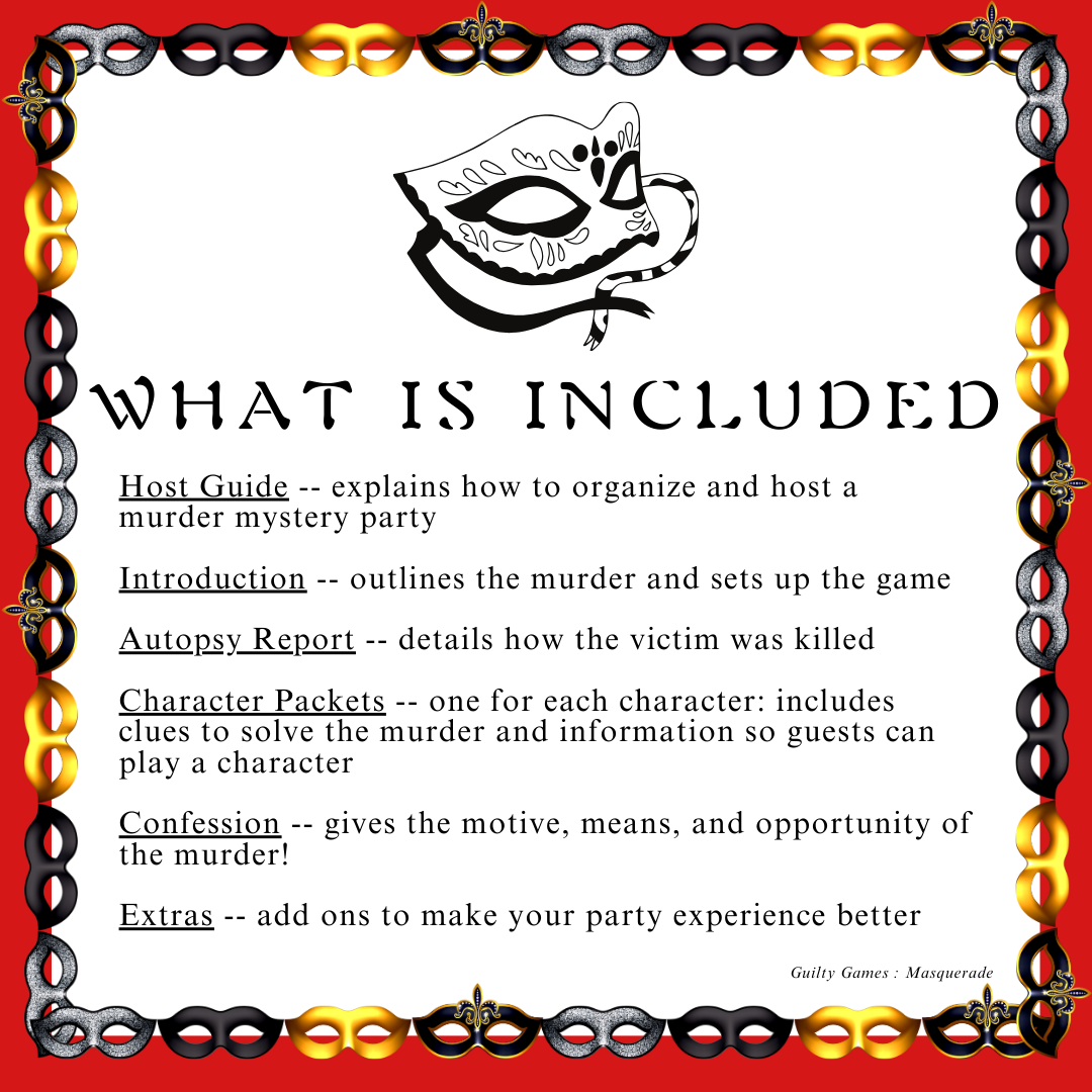 a black and white masquerade mask on top of text reading "what is included" with a gold, black, and silver masquerade mask border and red background