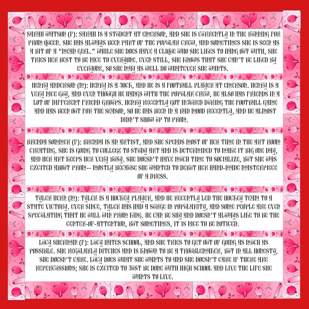 pink balloon ombre border separating text with prom murder mystery character descriptions with red background