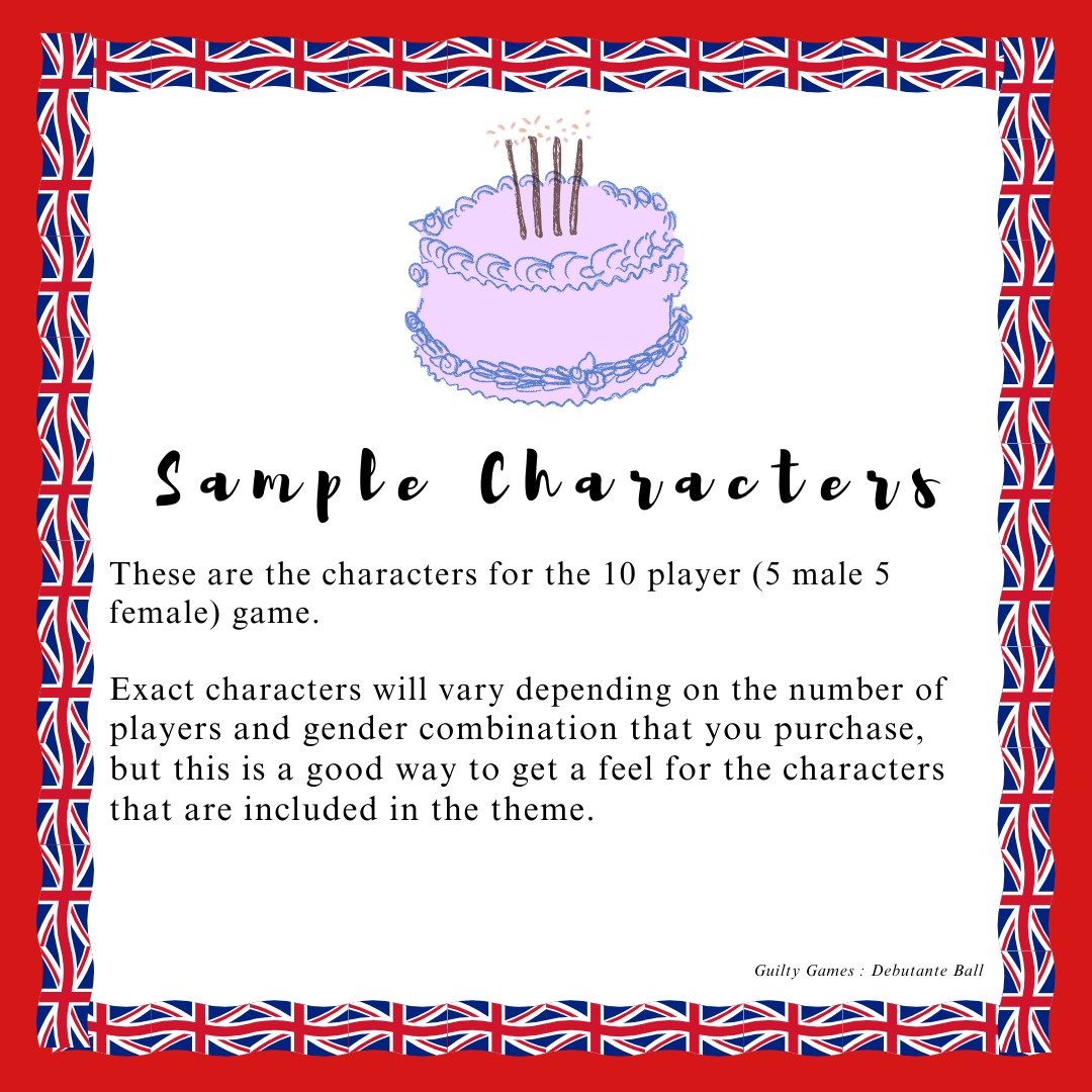 A cake surrounded by a red background and border of British flags with text explaining that they will show sample characters for the murder mystery game