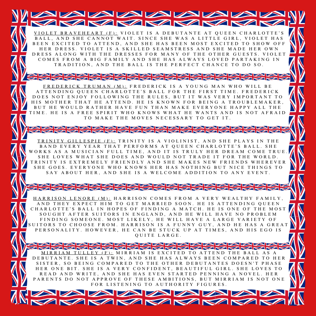 Text listing five sample characters for the Bridgerton Debutante Game with a red background and british flag border separating the character descriptions