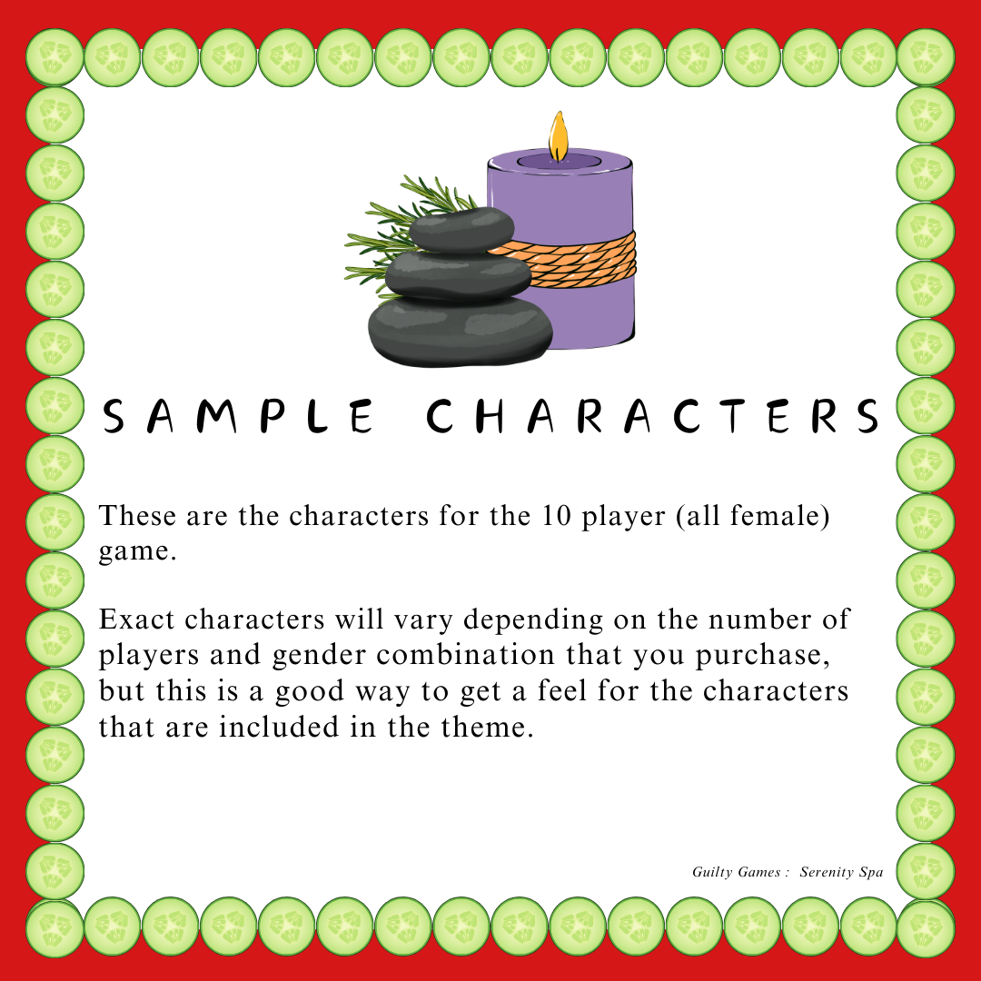 A description of the 10 character sample for the serenity spa murder mystery with rocks and candles surrounded by cucumber slices.