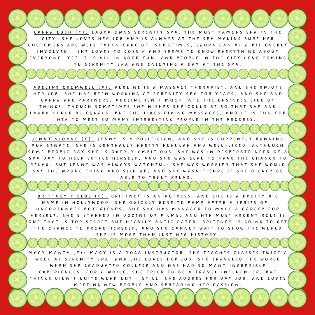 Character descriptions for five sample characters from the serenity spa murder mystery party game, with cucumber slice dividing lines between the character description text. 