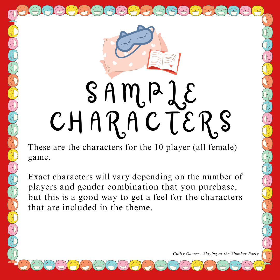 A clipart pillow, cat eye mask, and book above text reading "sample characters" with a red background and colorful smiling cat border