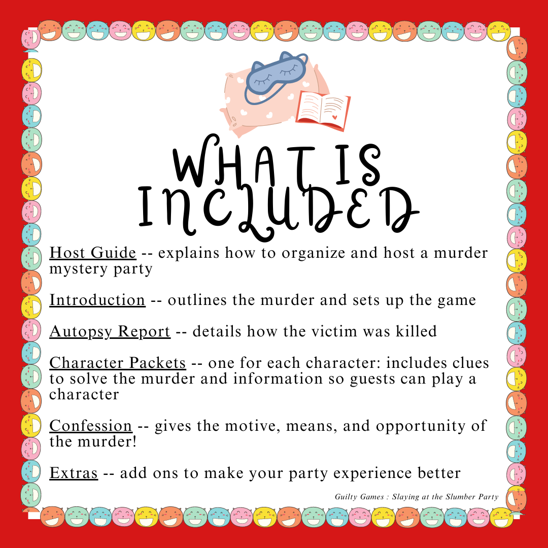 a cat eye mask, pillow and book clipart above text reading "what is included" with a red background and colorful smiling cat border