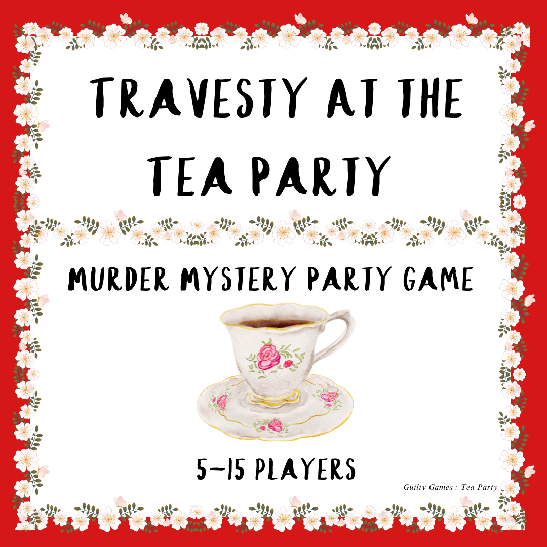 A floral teacup surrounded by flowers and the product information for Travesty at the Tea Party murder mystery game