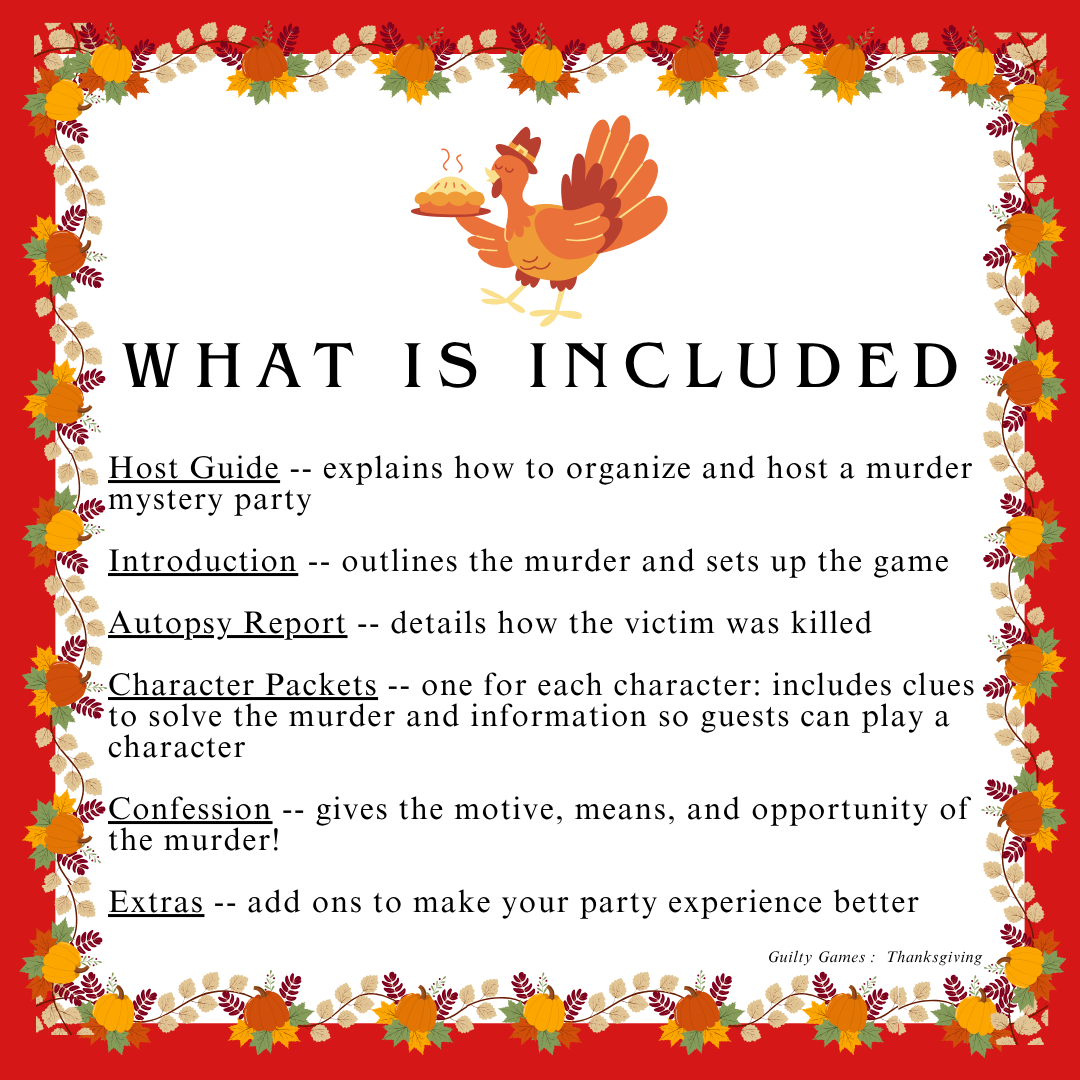 Thanksgiving Family Dinner Party Murder Mystery Party Game Kit - digital files delivered via email