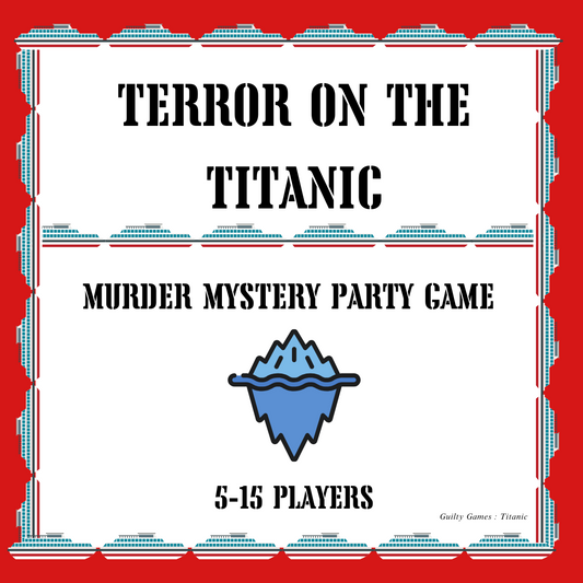 An iceberg surrounded by small Titanic ships and the product information for Guilty Games' Terror on the Titanic murder mystery game