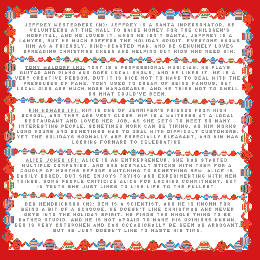 ugly sweater border and red background with text of sample characters from ugly sweater murder mystery party game