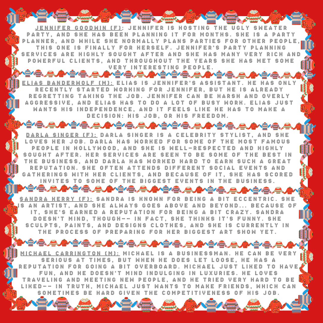 ugly sweater border and red background with text of sample characters from ugly sweater murder mystery party game