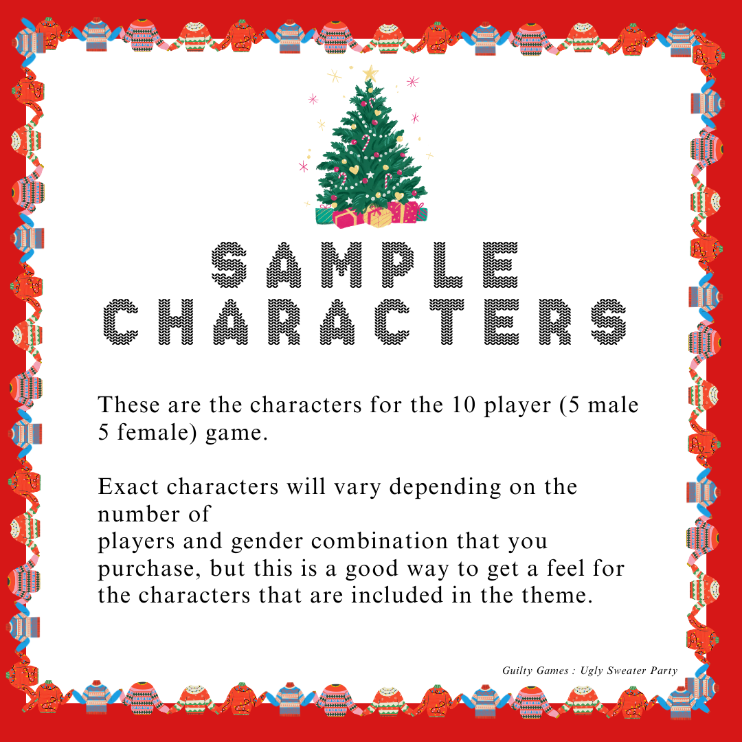 A christmas tree above "sample characters text" and an explanation of gender and character variation with a red background and ugly sweater border