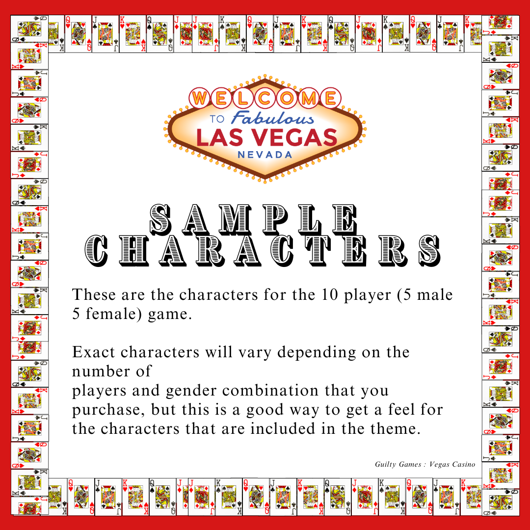 playing card border with red background, welcome to las vegas sign, and text explaining sample characters