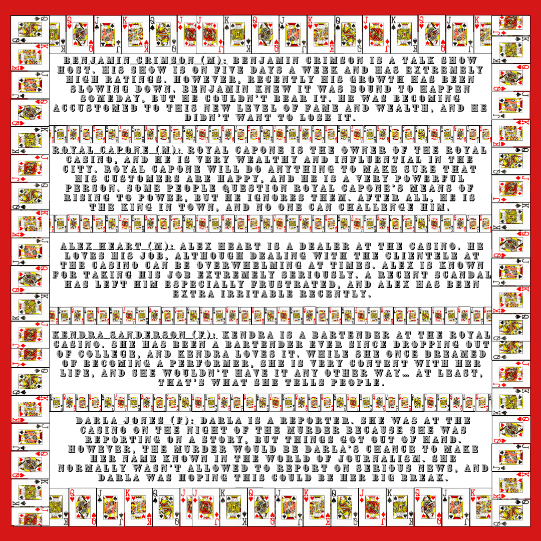 playing card border with red background and sample text describing sample characters from vegas casino murder mystery game