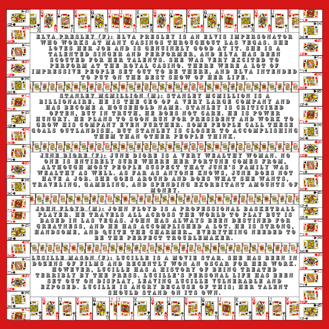playing card border with red background and sample text describing sample characters from vegas casino murder mystery game