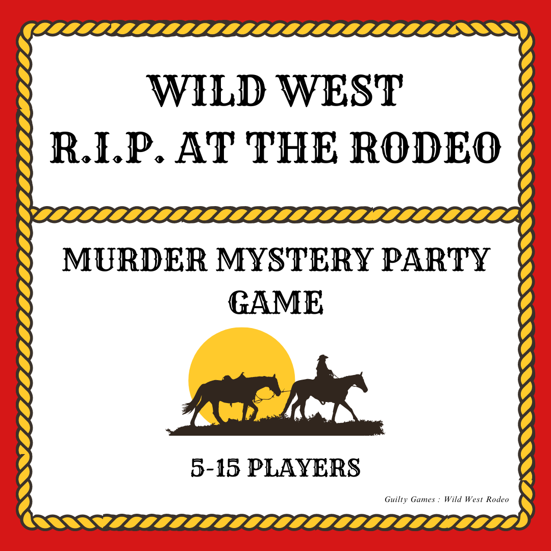 two horses in front of a yellow sun with red background and rope border with "wild west murder mystery" text