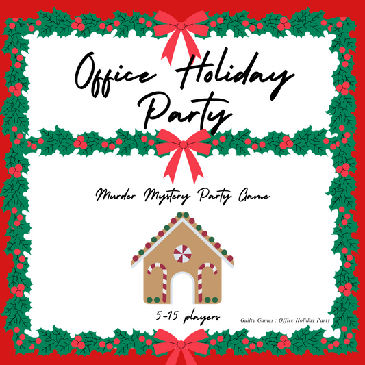 a gingerbread house with wreathe border, red bows and red background with office holiday party murder mystery party game text