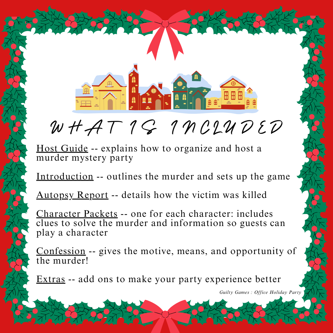 a christmas village with yellow, red, and green brick buildings with a wreath border, red bow, and red background and "what is included" text