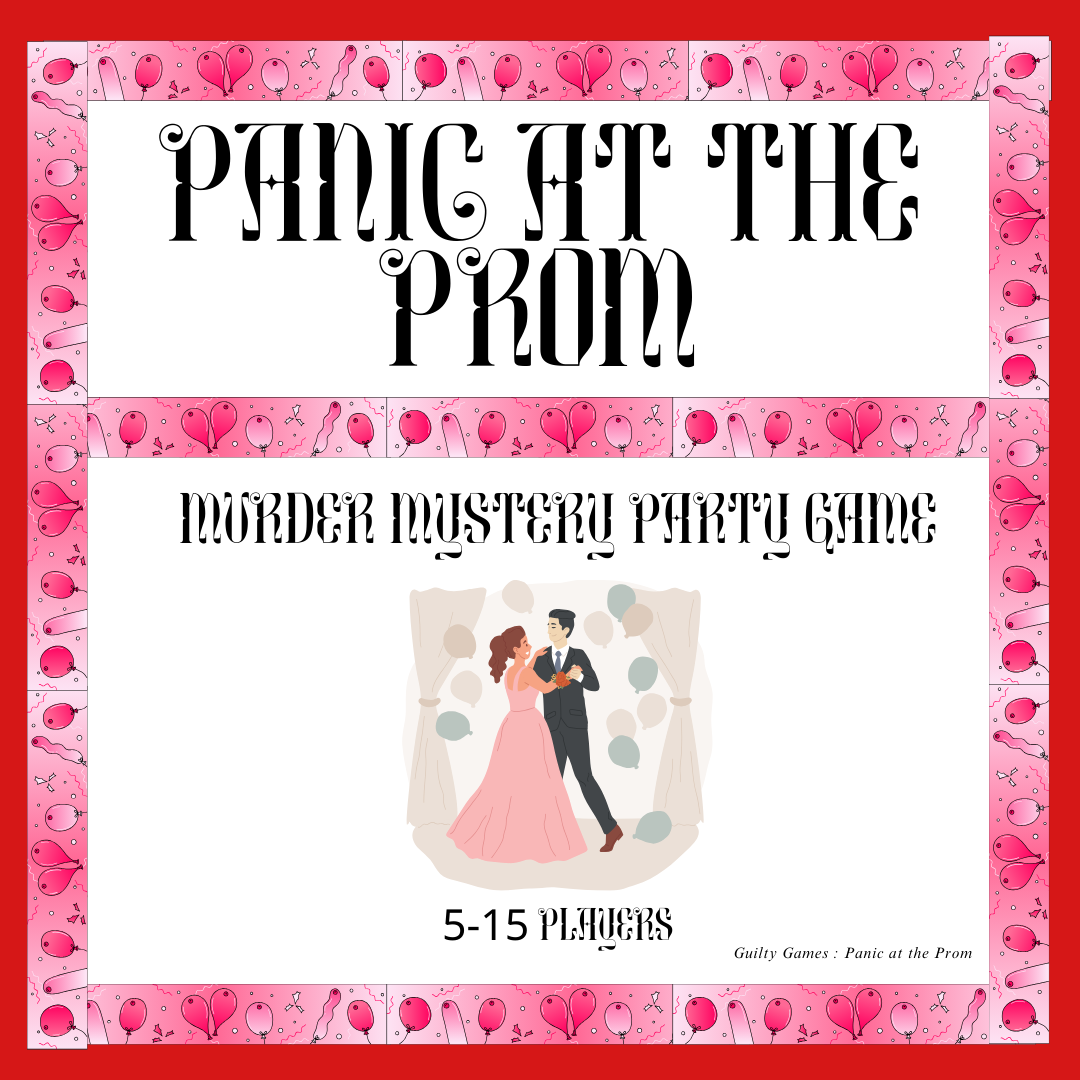 a couple dances surrounded by balloons and curtains with a pink balloon ombre border, red background, and "panic at the prom" text