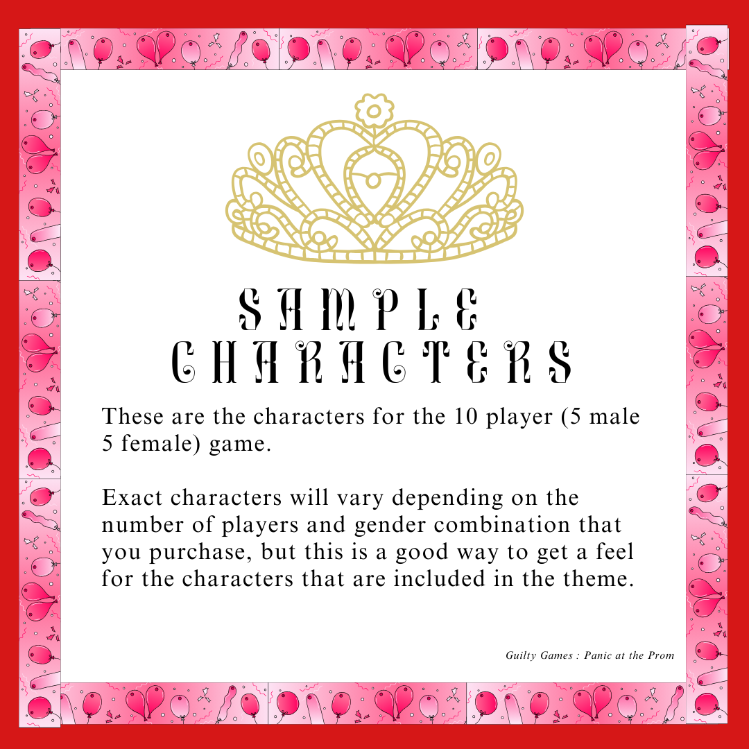 a gold tiara above text reading "sample characters" with pink ombre balloon border and red background