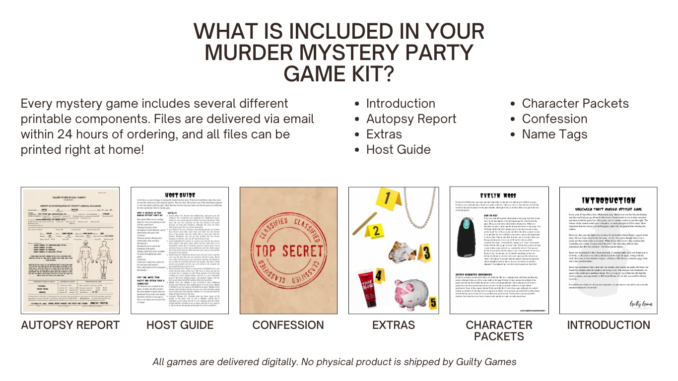 image of autopsy report, host guide, confession, extras, character packets, and introduction