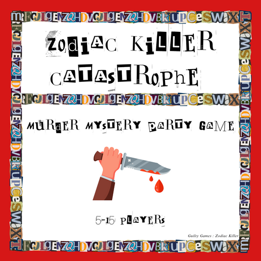 newspaper cutout letter border with zodiac killer title text, red background, and stabbing bloody knife clipart
